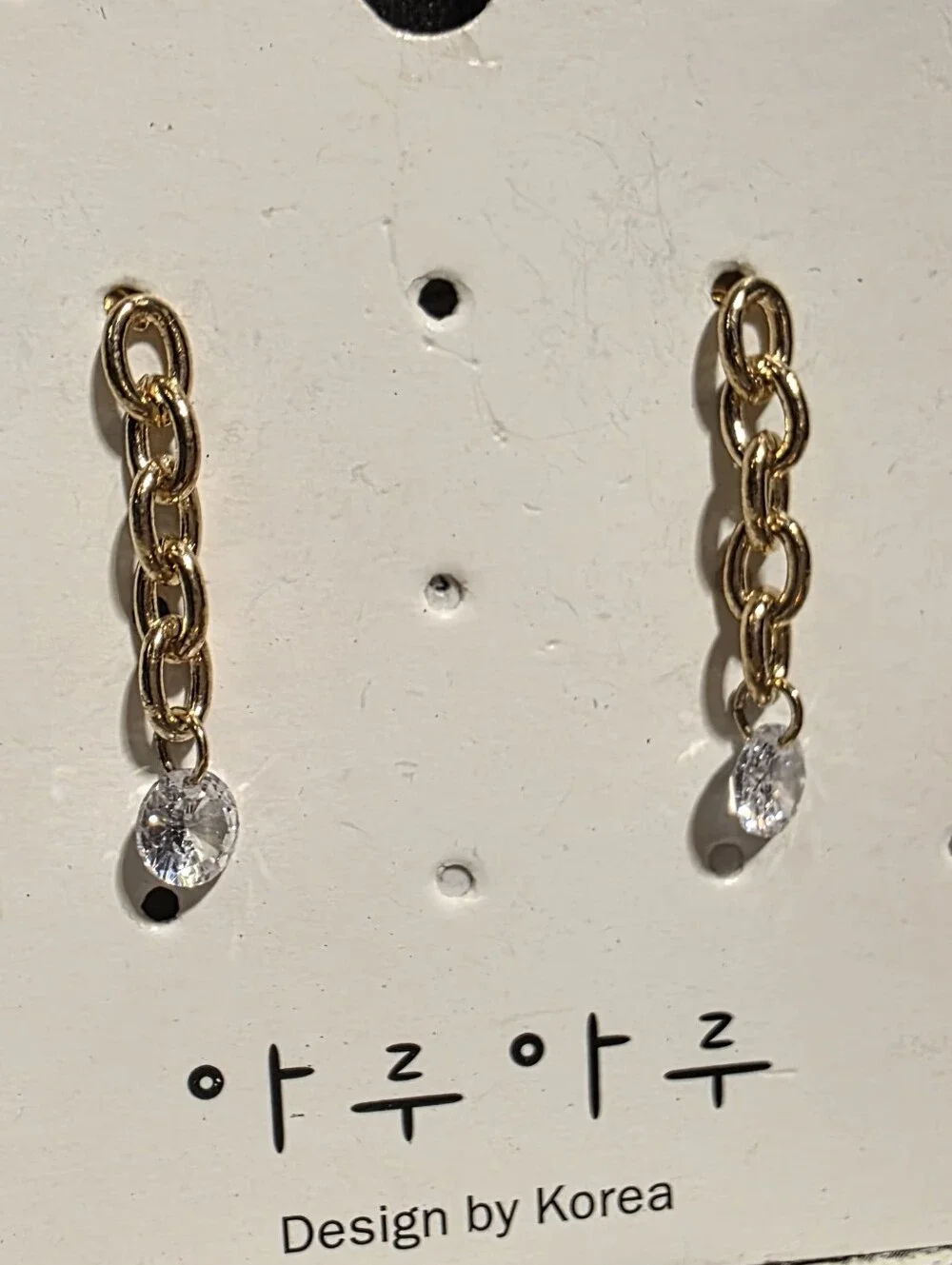 Gold Chain Drop Earrings with Clear Crystal Accent -